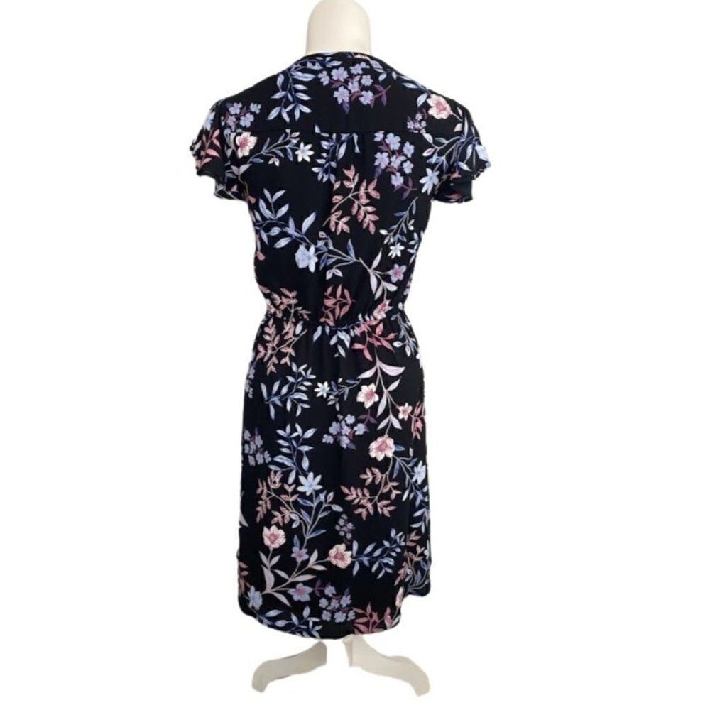 ELLE Black Pink Floral Split Neckline A Line Dress Sz Medium - Picture 3 of 8
